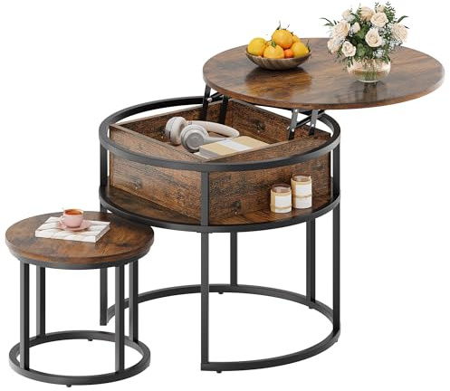 YITAHOME Round Coffee Table, Nest of Tables Set of 2 Vintage, Lift up Coffee Table for Living Room with Storage Space, Coffee Table Height Adjustable for Living Room, 60x60 x 50cm, 38x38x30 cm