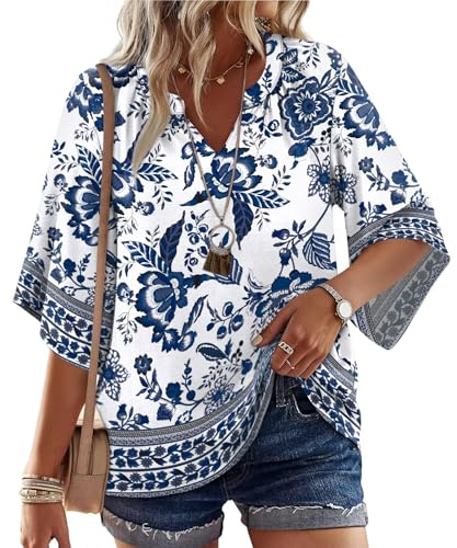 WIHOLL Plus Size Spring Clothes for Women Blouses Fashion 2026 Travel Beach Vacation Cover Ups Clothes Shirts 3/4 Length Sleeve Easter Womens Tops Tunics for Leggings Ethnic Floral XL
