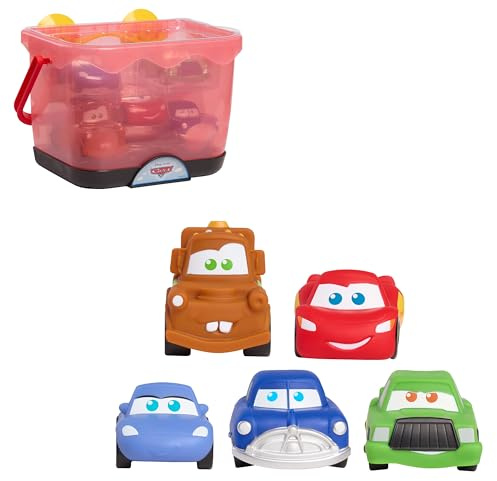 Disney and Pixar Cars Bath Caddy, 6-pieces, 5 Bath Toy Figures Sealed for Safety, Attaches to Wall, Bath Toy for Fans, Girls, Boys, Kids, Ages 3 and Up