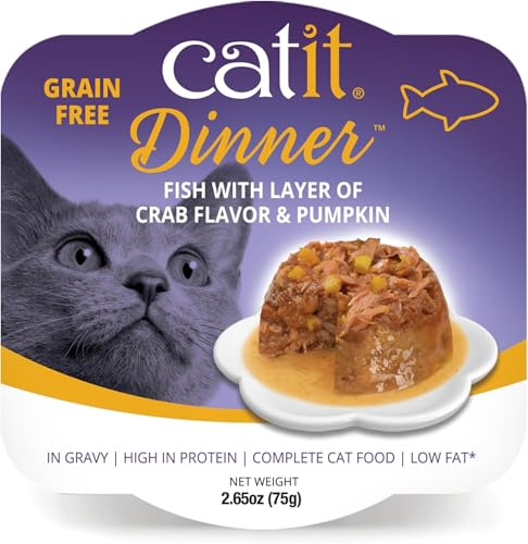 Catit Cuisine Dinner, Fish Topped with Pumpkin & Crab Flavour Dual-Layered Terrine, Grain Free Wet Cat Food in Gravy, Real Meat Food for Adult Cats 1 x 75g (Pack of 6)