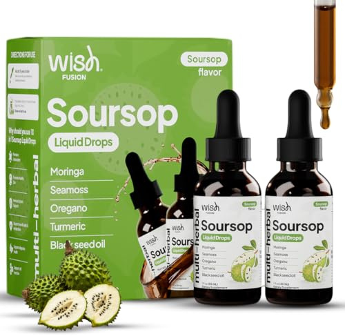 Wish Fusion Soursop Bitters Liquid Organic 10 in 1 Soursop Moringa Oregano Turmeric Black Seed Oil Drops Seamoss Ashwagandha Chlorophyll 2 Pack Soursop Liquid Drops Immune Support Detox Supplement