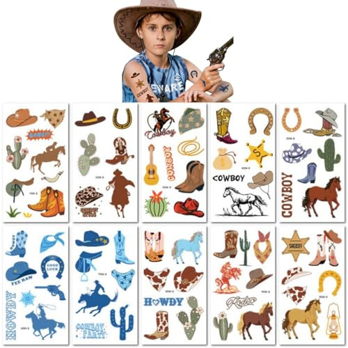 10 Ark Cowboy Tillfälliga Tatueringsklistermärken Tecknad Cowboy Söta Tillfälliga Tatueringsklistermärken För Barn