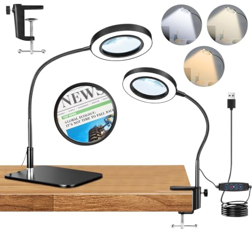 Focenat 10X Lampe Loupe à Pince et Base, Lampe Loupe de Bureau, Lampe loupe LED 3 Couleurs 9 Luminosité, Loupe Grossissante avec Lumiere pour Lecture, Diamond Painting, Réparation, Artisanat (2-en-1)