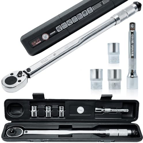 CCLIFE Drehmomentschlüssel Auto 1/2 Zoll, 28-210 Nm, Drehmomentschlüssel 6tlg Set für Motorrad inkl. 3 Stecknüsse 17/19/21 mm 1 Verlängerung