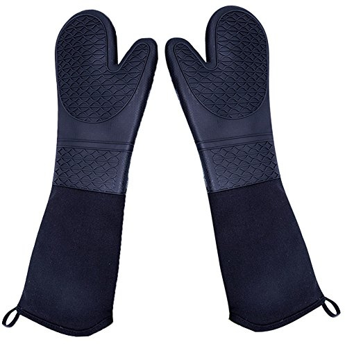 DoMii Extra Long Silicone Oven Mitts Heavy Duty Commercial Grade Oven Mitts Heat Resistant BBQ Gloves with Quilted Cotton Lining 2 Pack