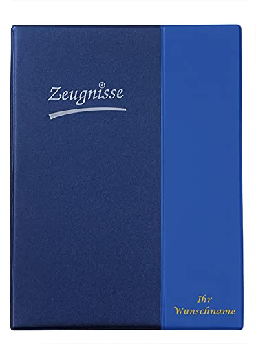 Zeugnismappe mit Gravur / Zeugnisringbuch A4 mit 10 Hüllen /Farbe: metallic blau