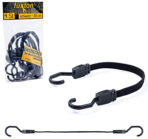 fuxton 4er Set Spanngummi kurz, flach mit Haken 30cm schwarz (Spanngurt, Gepäckgurt, Gummiband) für Gepäckträger, Fahrrad Träger, Rucksack, Auto, Camping und Motorrad