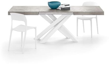 MOBILI FIVER, Table Extensible Emma 140(220) x90 cm, Gris Béton avec Pieds Croisés Blancs, pour 6-10 Personnes, Table Extensible pour Cuisine, Salon, Made in Italy