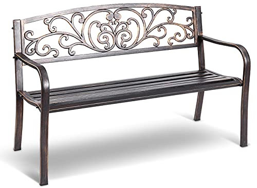 RELAX4LIFE Banc de Jardin en Fonte d’Acier pour 2-3 Personnes, Résistant et Confortable avec Dossier Ciselé, Accoudoirs Arrondis et Pieds Durables, Utilisation en Extérieur, Bronzé/Noir(Bronzé)