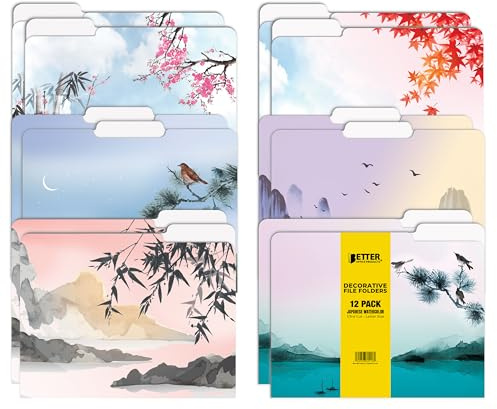Better Office Products Decorative File Folders, 12 Pack, 6 Unique Designs, Heavyweight, Letter Size (9.5 x 11.5) with 1/3 Cut Tab, Japanese Watercolor Designs, Fashion Folders