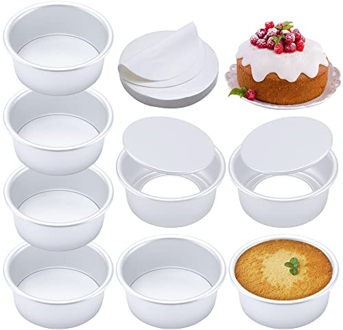 4 Inch Cake Pan Set of 8, Aluminum Mini Cake Pans & 100PCS Parchment Paper