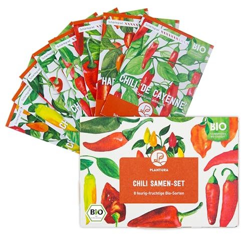 Plantura Bio-Chili & Paprika Samen-Set, samenfestes Bio-Saatgut, keimstark für Topf & Beet, 8 Sorten von mild bis extrem scharf, für bis zu 40 Pflanzen