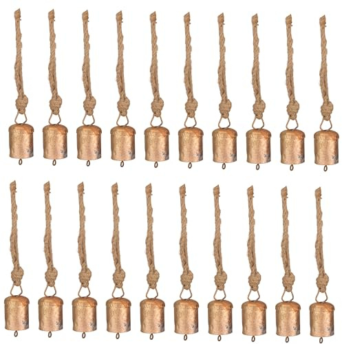 Vivanta 20 Pcs Rustic Gold Bells for Crafts, Vintage Christmas Decor, Small Jingle Bells, Witch Bells, Mini Cow Bells, Antique Hanging Metal Ornaments with Jute Rope Wind Chime – Boho Farmhouse Décor
