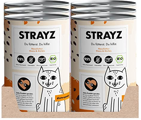 STRAYZ - Bio Katzenfutter Nass - Gans & Kürbis, Getreidefreies Premium Nassfutter für Katzen mit 95% Fleischanteil ohne Zucker - 6x400g Dose