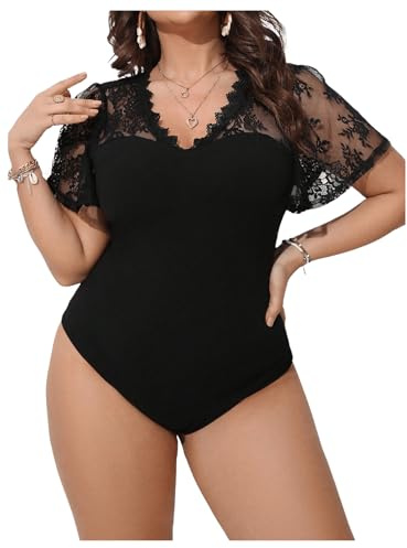 SHENHE Women's Plus Size V Neck Lace Flutter Short Sleeve Slim Bodysuit