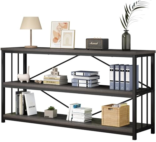IBF Étagère à Livres Basse à 3 Niveaux en Bois et métal, Style Rustique Industriel, Vintage, Horizontale, Moderne, Grande Ouverte, pour Maison, Bureau, Salon, Chambre à Coucher, chêne Gris, 160 cm