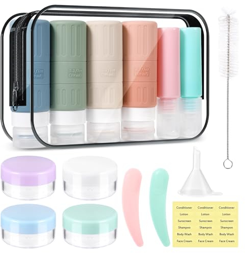 JAMATA Set da Viaggio 16pz in Silicone 100ml,Flaconi Ricaricabili Senza BPA per Shampoo,Lozione e Gel Doccia,Kit Liquidi Aereo con Valvola Anti-fuga,Trousse Inclusa, Ideale per Viaggi Aerei e Outdoor