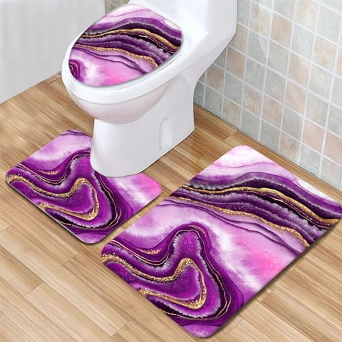 Badezimmerteppich Set Marmor lila Badgarnitur 3 Teilig Mikrofaser Badematten Set rutschfest U FöRmige Duschvorleger Super weich, Schnell Trocknend WC-Garnitur Teppich