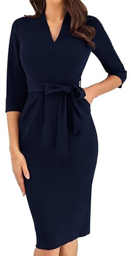 GRACE KARIN Vintage Bodycon Pencil Work Dress for Women 3/4 Sleeve Evening Formal Sheath V-Neck Dress Navy Blue L