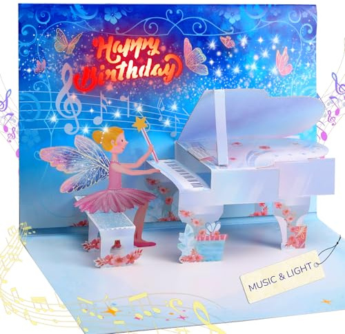 Carte d'anniversaire musicale pour filles, carte d'anniversaire pop-up 3D avec lumières, carte d'anniversaire pour filles, petite-fille, fille, Neice Kids (PIANO)