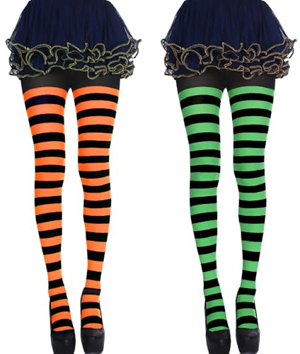 2 pares de medias a rayas de Halloween, medias a rayas de pie completo con rayas negras, naranjas y negras y verdes, medias opacas de Halloween para mujer, medias a rayas para disfraz de Halloween