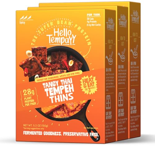 Ready to Cook Tempeh-Tangy Thai - 28g Clean Protein | High Fiber | More Protein & Fiber than Tofu & Cottage Cheese| Fermented | Gut-Friendly | Gluten Free | Dairy Free | Vegan | Non GMO | Cleaner, more Nutritious than Meat Alternatives (pack of 3, 3, Count)