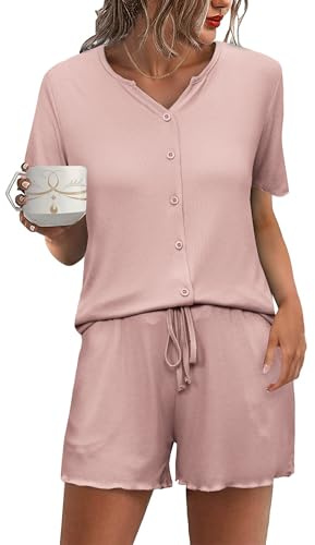 Demegimi Pyjamasset för kvinnor sommar kortärmad knapp ner nattkläder – mjuka V-ringade nattkläder myskläder set med dragsko shorts