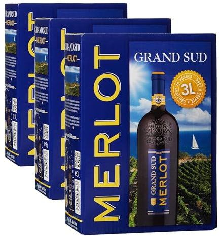 Grand Sud - Merlot aus Süd-Frankreich - Sortentypischer Trocken Rotwein - Großpackungen Wein Bag in Box 3l (1 x 3 L) (Packung mit 3)