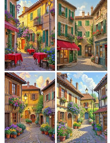 SHEGZHUC Confezione da 4 pezzi di diamond painting per adulti, paesaggio vicolo, 30 x 40 cm, pittura con diamanti per ristorante, casa di campagna, mosaico, ricamo a punto croce, arte regalo