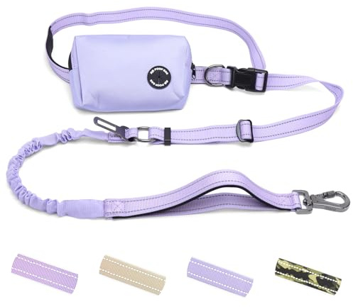 COSOWO Hands Free Dual Handle Retractable Bungee Leash with Reflective Trim, Adjustable Waist Belt for Dog Walking, Running, Hiking - Durable Nylon Leash for Medium Large Dogs, Purple
