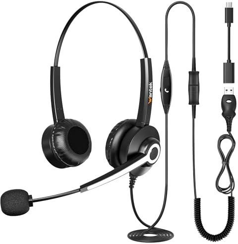 Wantek Auriculares con Micrófono USB - Cascos con Microfono para pc Oficina Zoom Skype Laptop Centro de Llamadas Equipos Ordenador Personal - conexión USB A/Tipo C