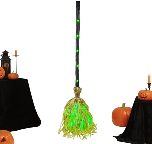 Escobas De Bruja | Escoba LED Verde De Halloween con Sonido | Decoración Espeluznante Iluminada para Pared Puerta Porche Casa Patio Jardín Interior Habitación Fiesta