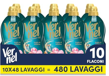 Ammorbidente Concentrato Vernel Aromatherapy Voglia di Maldive (10 x 48 lavaggi), Ammorbidente Concentrato per Tutti i Tessuti, Profumo di Lunga Durata con Oli Essenziali