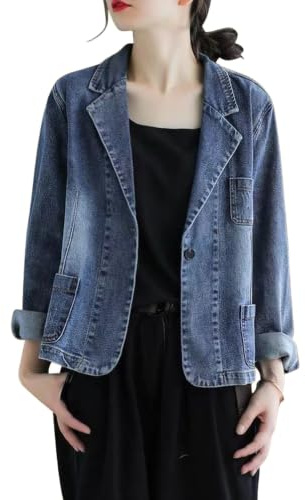 Damjeanskavaj med hakslag och en knapp i denim för kontor | Jeansblazer, Krage med spets och slag, Stängning med en knapp, Långärmad, Slimmad kontorsmodell, Blå, X-Large