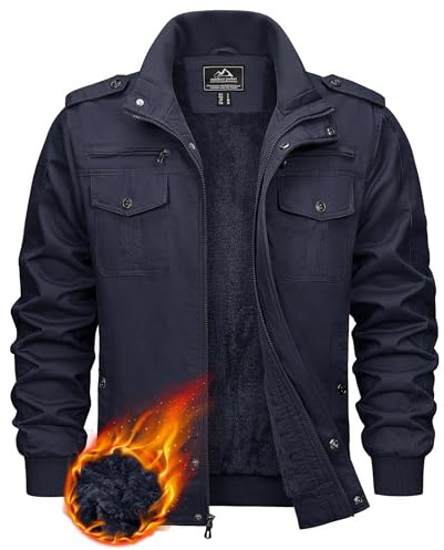 KEFITEVD Fleecefodrad arméjacka herr, varm höst vinter övergångsjacka med många fickor, US fältjacka retro bomberjacka med ståkrage, Mörkblå, 3XL
