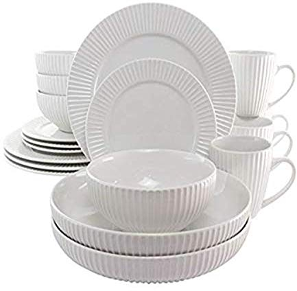 Elama Elle 18 Piece Porcelain Dinnerware Set with 2 Large Serving Bowls in White