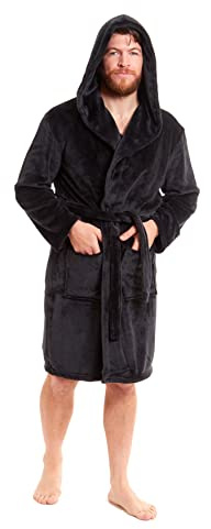 Toro Rocco Mens Hooded Robe Super Soft Long Flannel Fleece Bathrobe Dressing Gown For Men Bath Robes (Black, XXL)