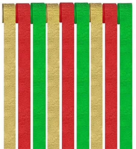 9 Rolls Crepe Paper Craft Streamers - Hanging Crepe Paper Streamers in Green, Red, Gold - Curtain Backdrop with Hanging Tassels for Festival, Party, Christmas Decor