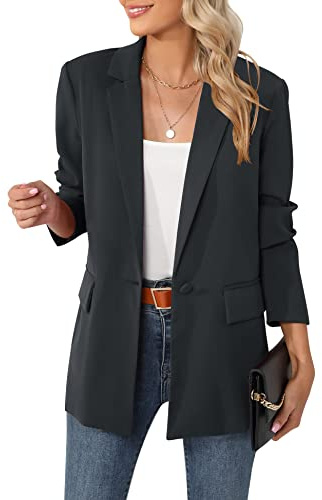 Luyaa, giacca blazer oversize da donna, casual, per lavoro e ufficio, con apertura sul davanti, in tessuto con fodera e spalline imbottite, grigio scuro, Large