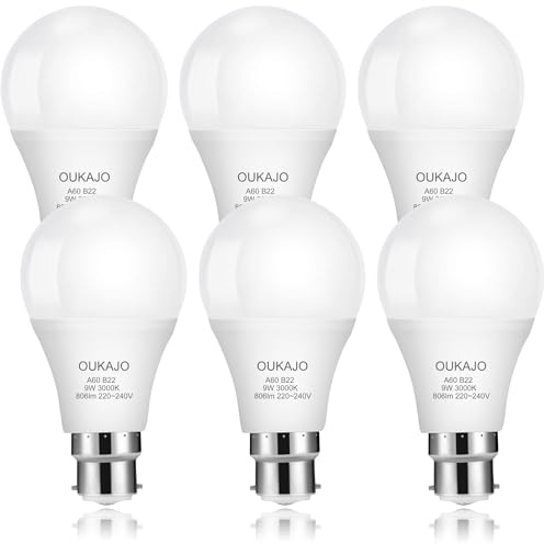 OUKAJO Bayonet Light Bulb 60w Equivalent, B22 LED Bulb 9W, Warm White 3000K, 806 Lumen,A60 BC GLS Energy Saving Light Bulb, Non Dimmable, 6 Pack