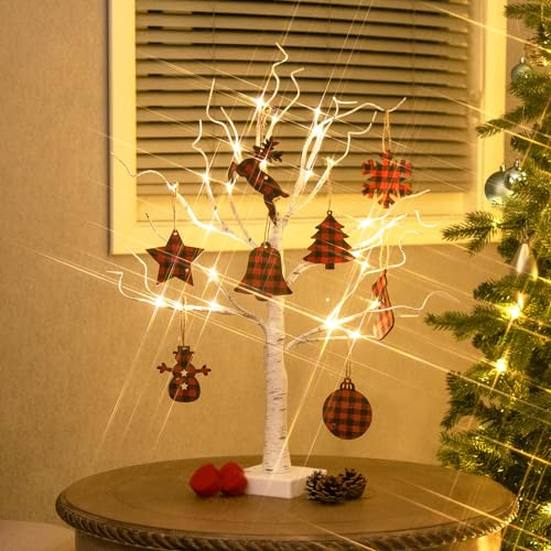 Vanthylit White Twig Christmas tree with 8 Christmas Hanging Ornaments, 2FT Table Top Christmas Tree Battery/USB Powered, Lighted Xmas Tree with timer for Christmas Home Table Fireplace Indoor Decor