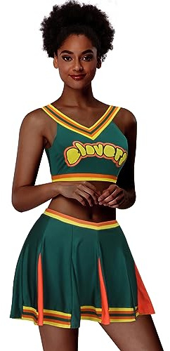ZIFUNMUR Cheerleader-Kostüm für Damen, für Erwachsene, Mädchen, 2-teilig, Cheerleading-Kostüm, bauchfreies Oberteil, Rock, Halloween, Cosplay, Uniform, Grün , L