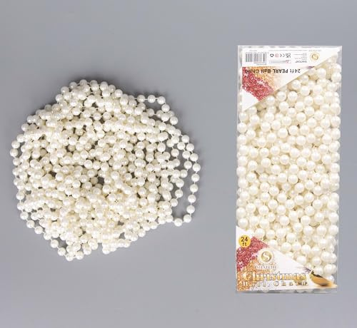 7.2m (24ft) Pearl Shiny Christmas Bead Chain Metallic Xmas Beaded Garland Artificial Pearls Tinsel For Christmas Tree Hanging Decorations DIY Art & Crafts Jeweller