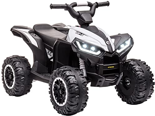 HOMCOM Quad Elettrico per Bambini 12V ATV, Macchina Elettrica con Doppio Motore e 2 Velocità, Ruote Larghe con Fari LED, Clacson e Musica, Età 3-5 Anni, Bianco