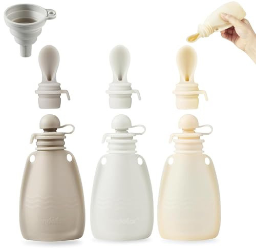 PandaEar Set di 3 Sacchetti Riutilizzabili in Silicone per Pappe per Neonati | Con 3 Cucchiai di Purea | Ricaricabili, Senza BPA, 150 ml (Beige/Noce/Grigio)