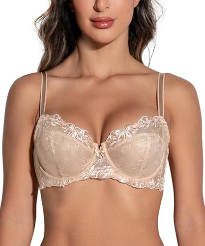 Deyllo Soutiens-Gorge Femme avec Armature Balconnet Non Rembourré Dentelle Sexy Brassiere Beige 110G