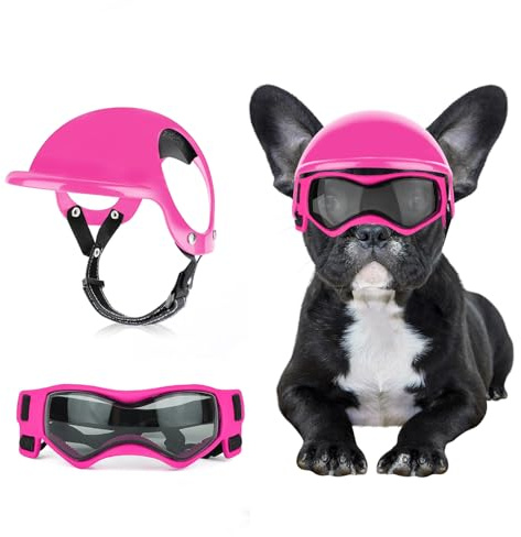 BillionChains Dog Helmet with Dog Goggles for Small Dogs - Pet Motorcycle Helmet Hat with Ear Holes Adjustable Straps Safety Helmet for Puppy Riding - Pink