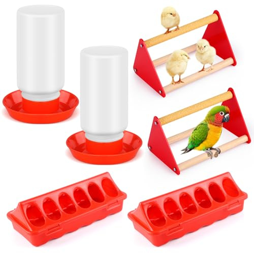 Juego de 6 comederos y bebederos para pollitos con percha para pollitos, 2 bebedores automáticos de pollos, 2 comederos de aves de corral con tapa abatible, 2 kits de iniciación para gallinero y