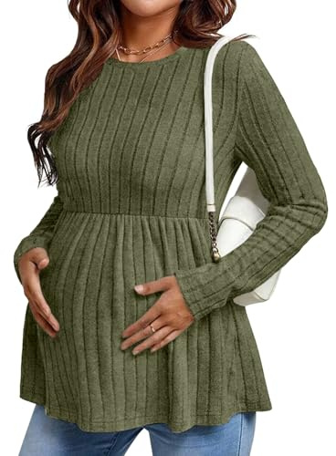 Ekouaer Womens Maternity Tops Long Sleeve Pregnancy Tunic Blouses Crew Neck Ribbed Shirts Pregnant Clothes Army Green