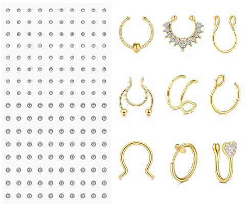MODRSA Falso Piercing Nariz Aillons Oro Acero Inoxidable con Bolas Autoadhesivas Falsos Piercing Septum Anillo de Nariz Joyería Piercing para Mujer Hombre